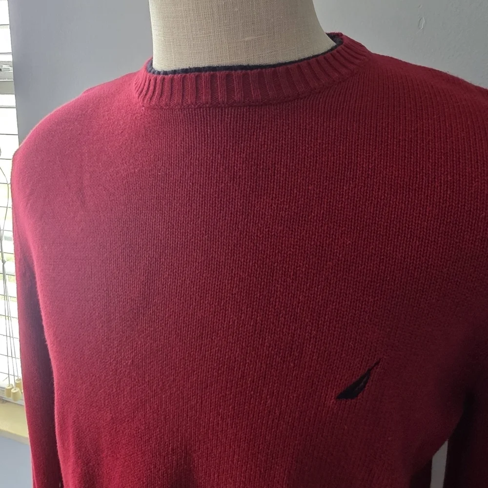 Nautica Red and Navy Men's Sweater Crewneck Cotton Sweater Size Large Logo